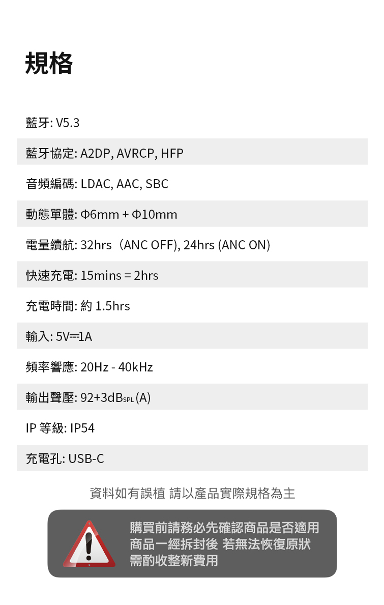 電量續航 32hrs ANC OFF, 24hrs ANC ON