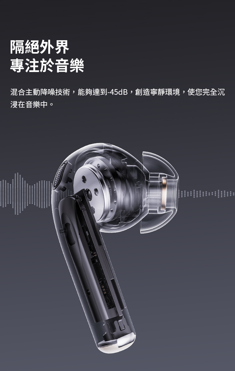 隔絕外界 專注於音樂 混合主動降噪技術,能夠達到45dB,創造寧靜環境,使您完全沉 浸在音樂中。 