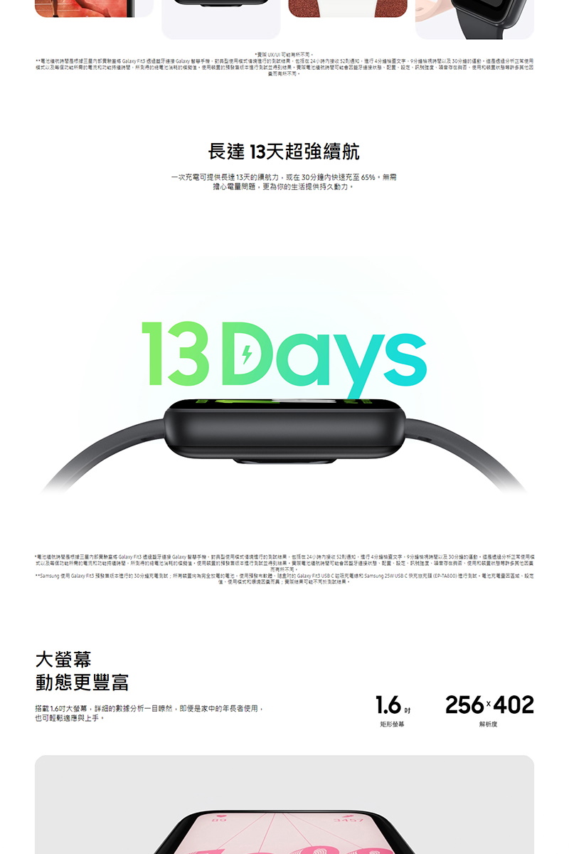 Samsung 使用 Galaxy Fit3 预發黑版本维行的30分场充電測試所有装置均為完全放電的電池。使用預發布軟體,随意对的 Galaxy Fa3 USB C 磁吸充電線和 Samsung 25W USB C 快充用核克頓EPTA800 總行測試。電池充電量因區域、設定、