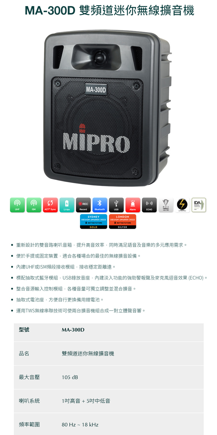 MIPRO MA-300D配2領夾式 無線麥克風(雙頻道迷你