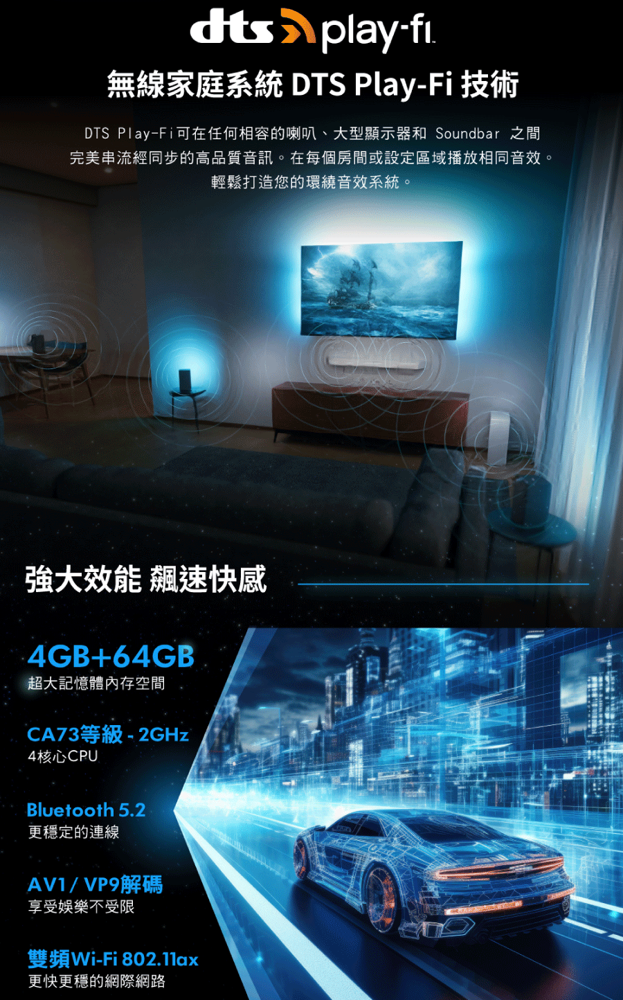 DTS PlayFi可在任何相容的喇叭、大型顯示器和 Soundbar 之間