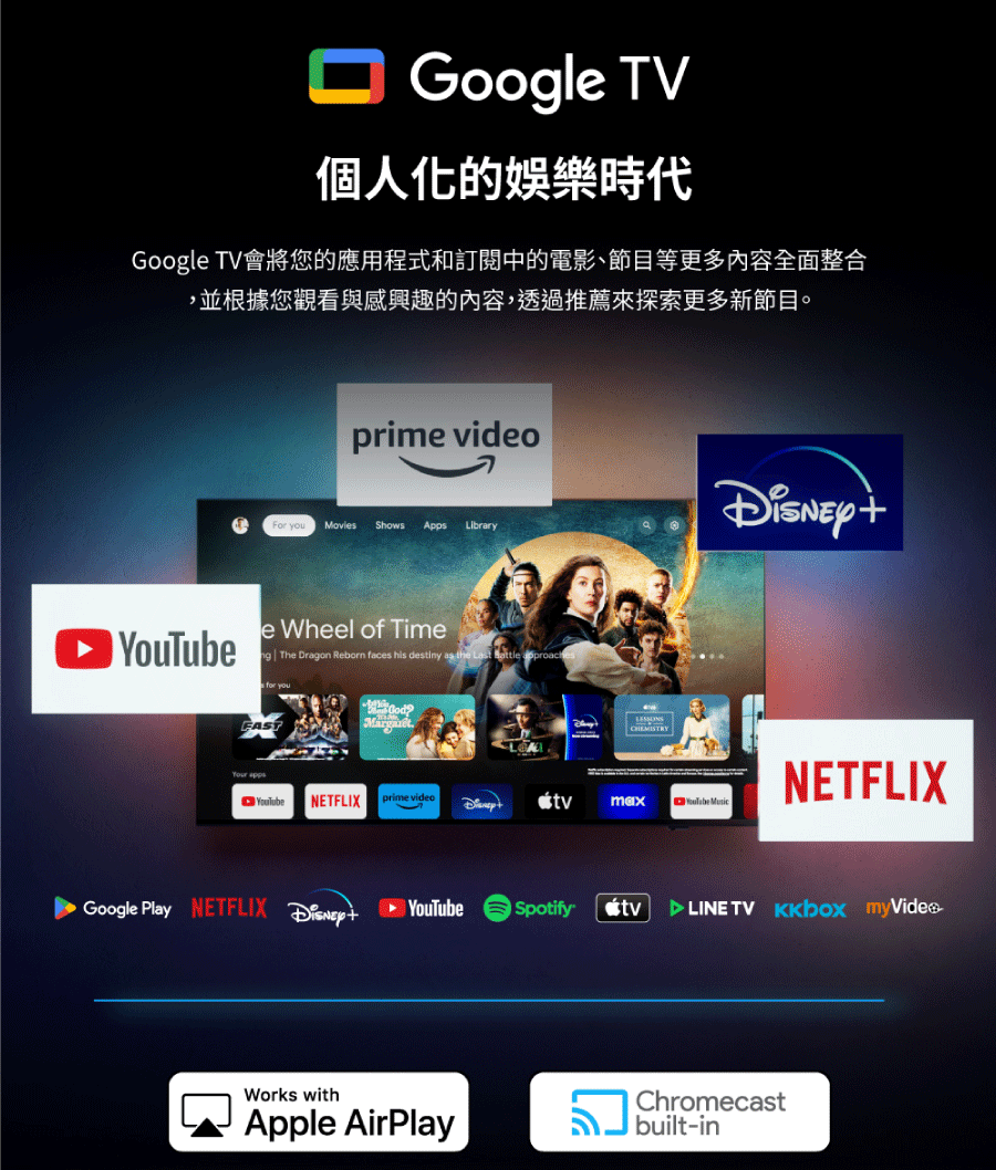 個人化的娛樂時代 Google TV會將您的應用程式和訂閱中的電影、節目等更多內容全面整合 ,並根據您觀看與感興趣的內容,透過推薦來探索更多新節目。