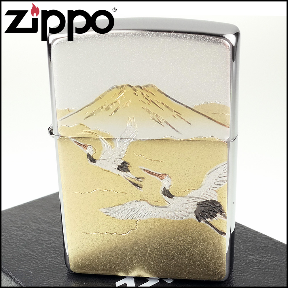 Zippo 日系~傳統藝術-鶴富士圖案電鑄板貼片加工打火機 