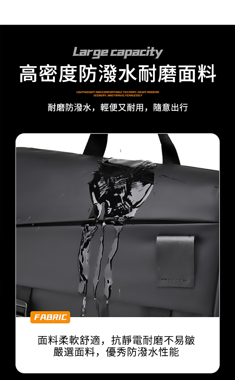 高密度防潑水耐磨面料 耐磨防潑水,輕便又耐用,隨意出行 面料柔軟舒適,抗靜電耐磨不易皺 嚴選面料,優秀防潑水性能 