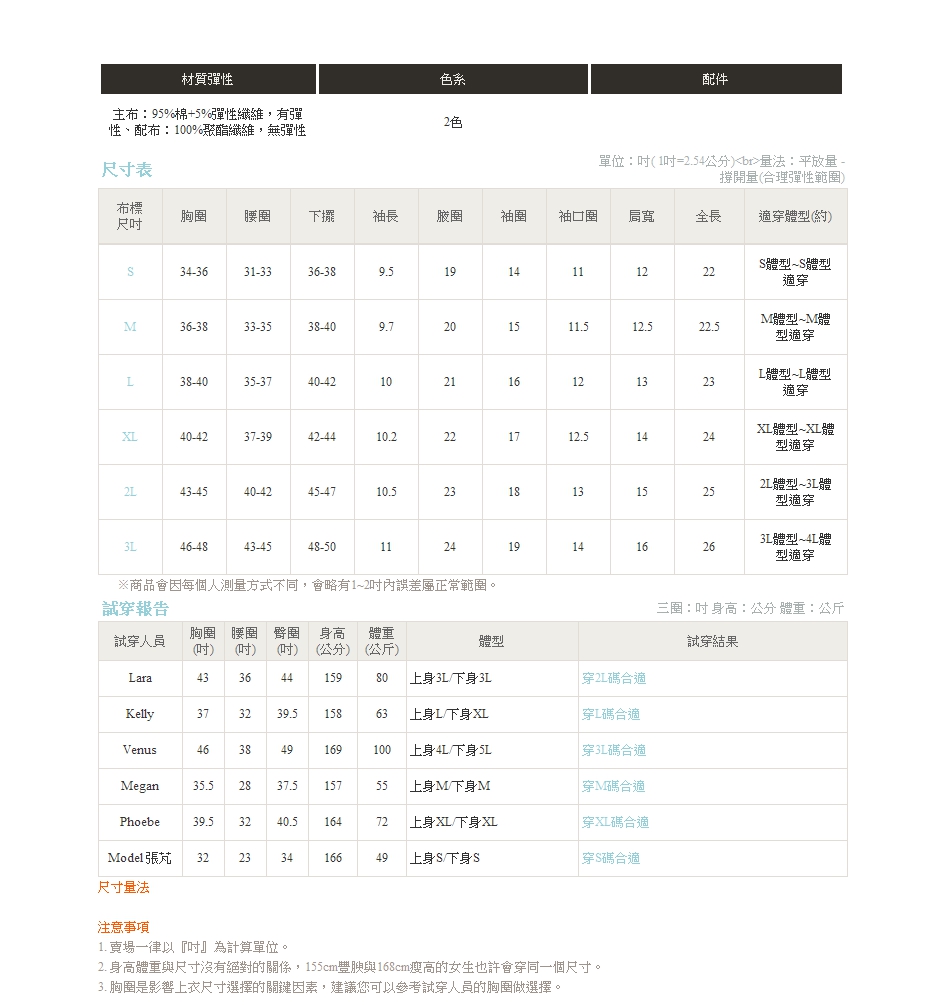 2. 身高體重與尺寸沒有絕對的關係,155cm豐腴與168cm瘦高的女生也許會穿同一個尺寸。