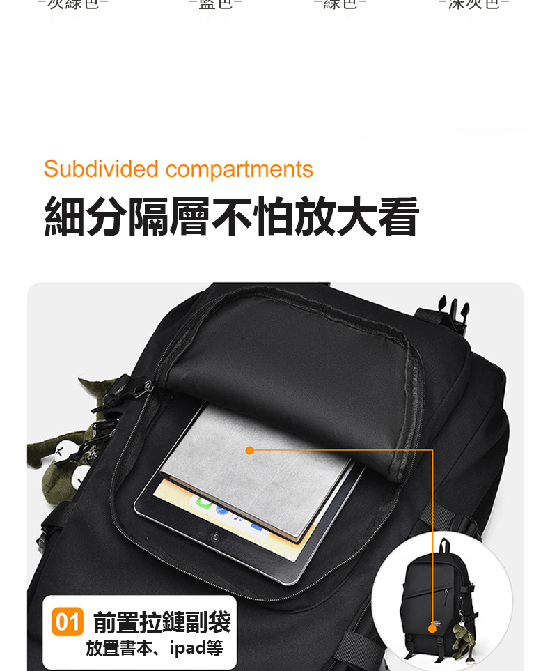 0 前置拉鏈副袋 放置書本、ipad等 次綠色 細分隔層不怕放大看 深灰色 