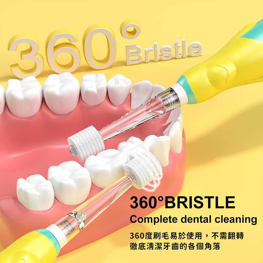 360度刷毛易於使用,不需翻轉 徹底清潔牙齒的各個角落