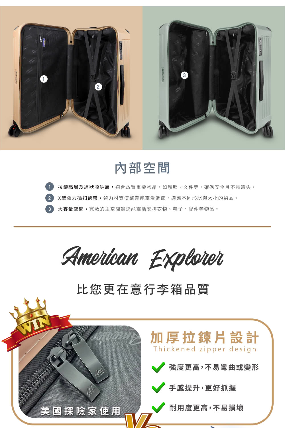 拉鏈隔層及網狀收納層適合放置重要物品,如護照、文件等,確保安全且不易遺失。