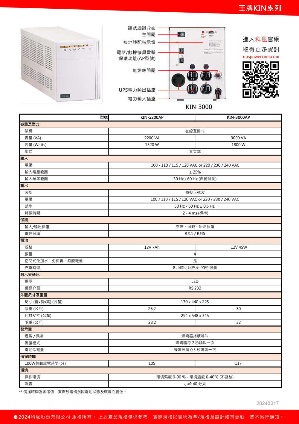 科風 KIN-2200AP 在線互動式 UPS 直立式 22