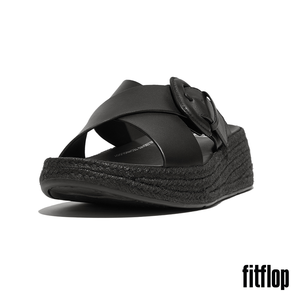 FitFlop F-MODE 草編扣環皮革厚底交叉涼鞋(黑色