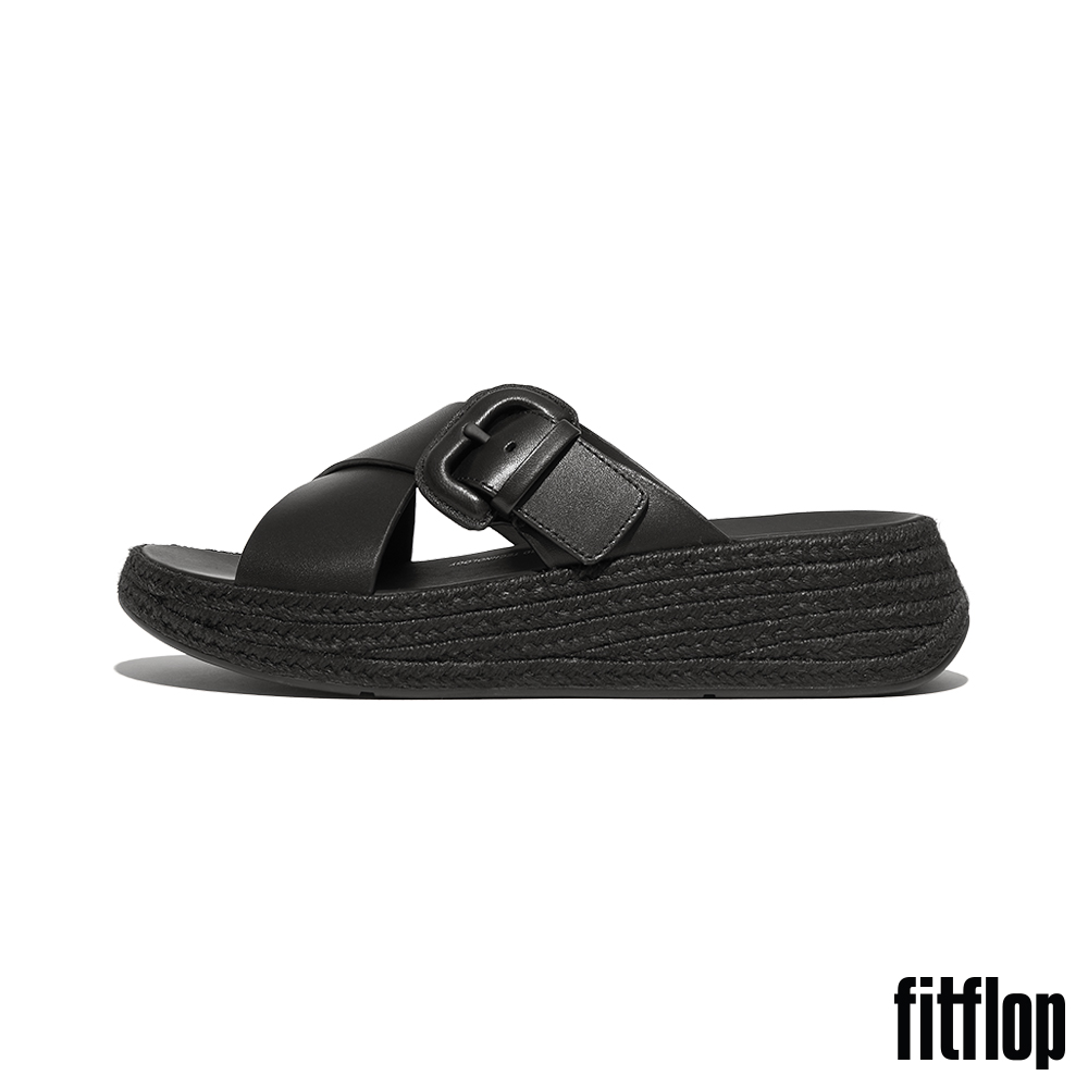 FitFlop F-MODE 草編扣環皮革厚底交叉涼鞋(黑色