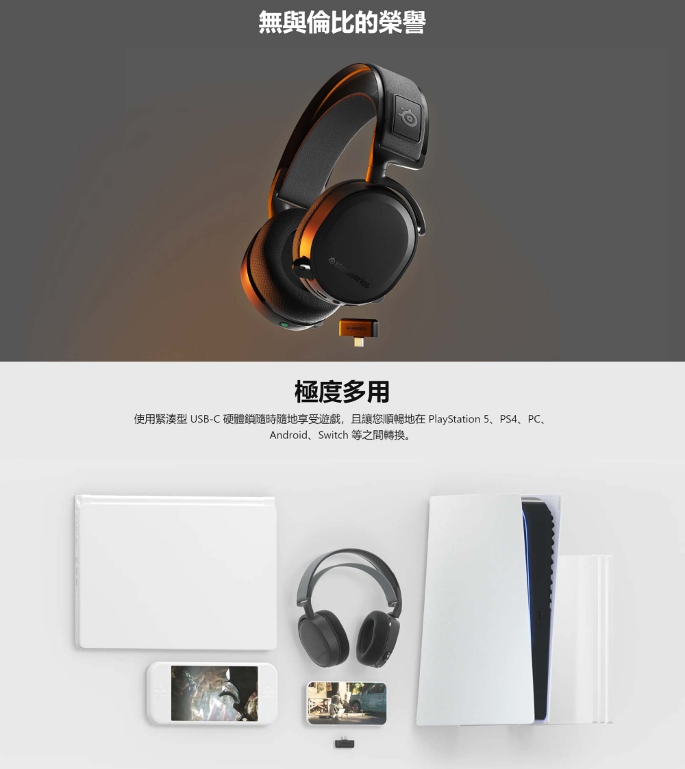 無與倫比的榮譽 極度多用 使用緊湊型USBC硬體鎖隨時隨地享受遊戲,且讓您順暢地在 PlayStation 5、PS4、PC、 Android、Switch 等之間轉換。 