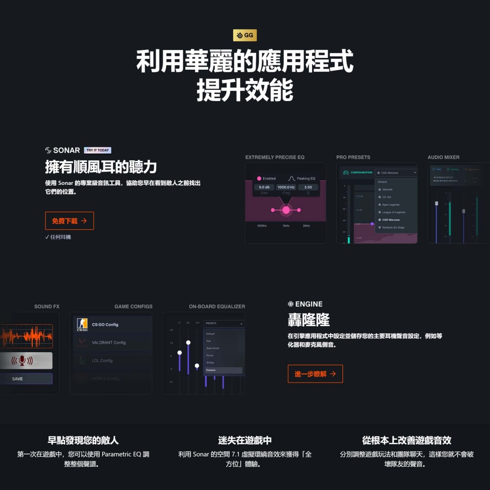使用 Sonar 的專業級音訊工具,協助您早在看到敵人之前找出
