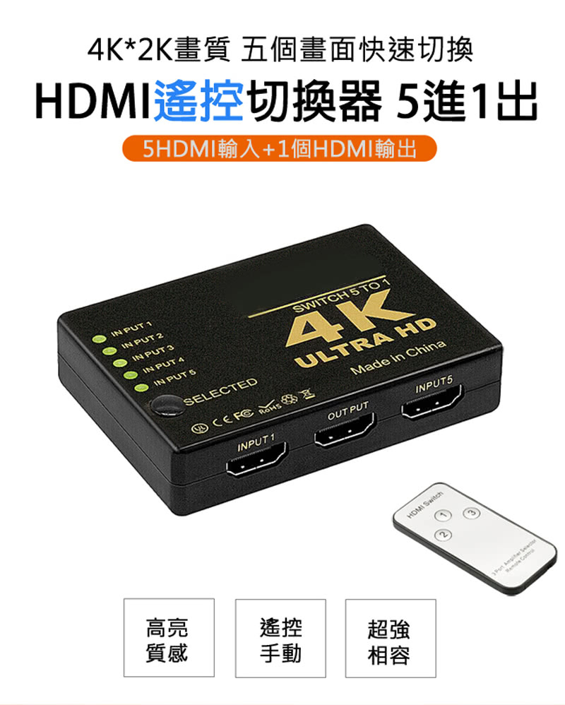 LineQ 4K2K 高畫質HDMI 5進1出遙控切換器評價