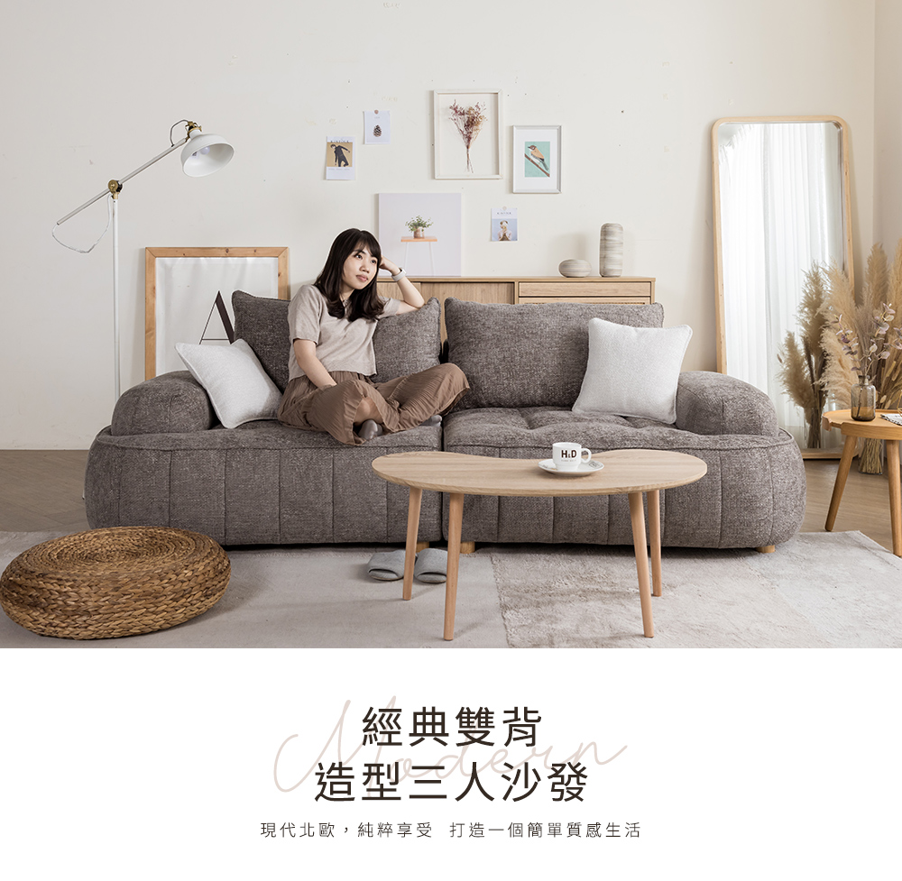 H&D 東稻家居 經典低雙背造型三人沙發(三人沙發 布沙發 