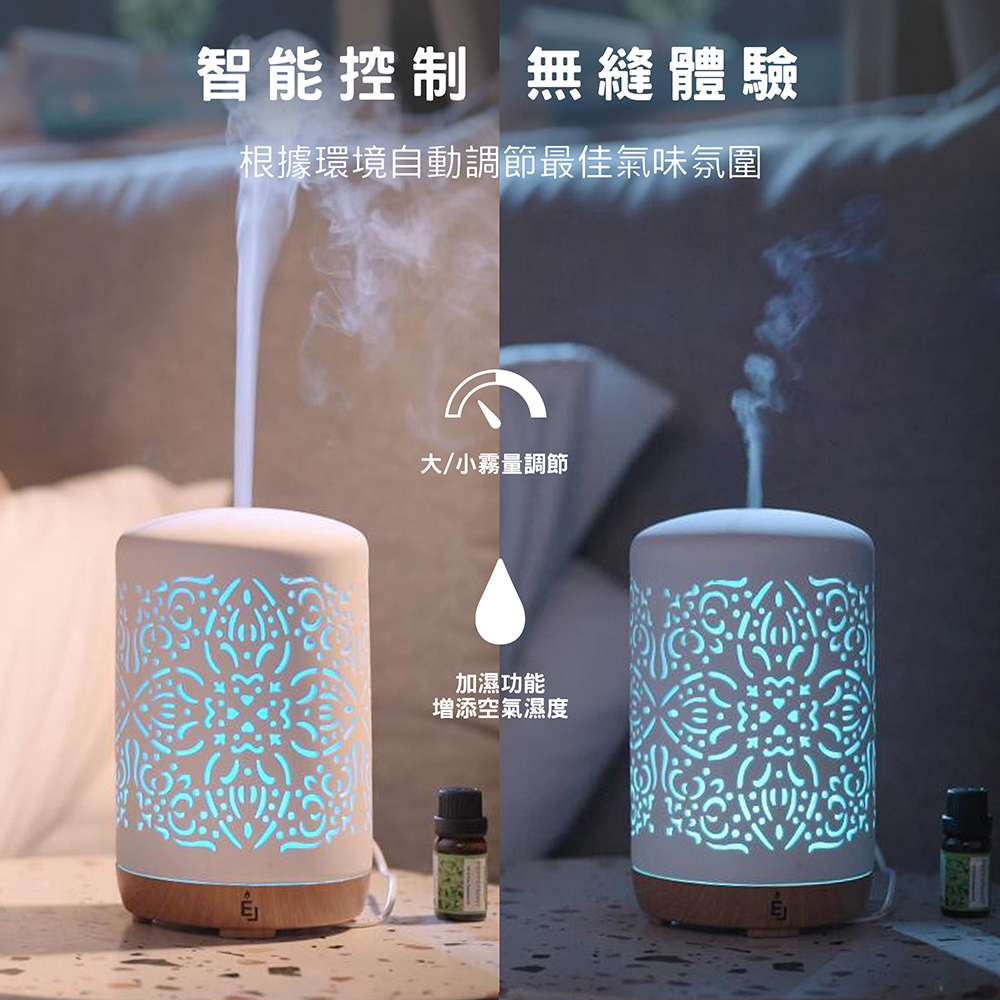 智能控制 無縫體驗 根據環境自動調節最佳氣味氛圍 大小霧量調節 加濕功能 增添空氣濕度 