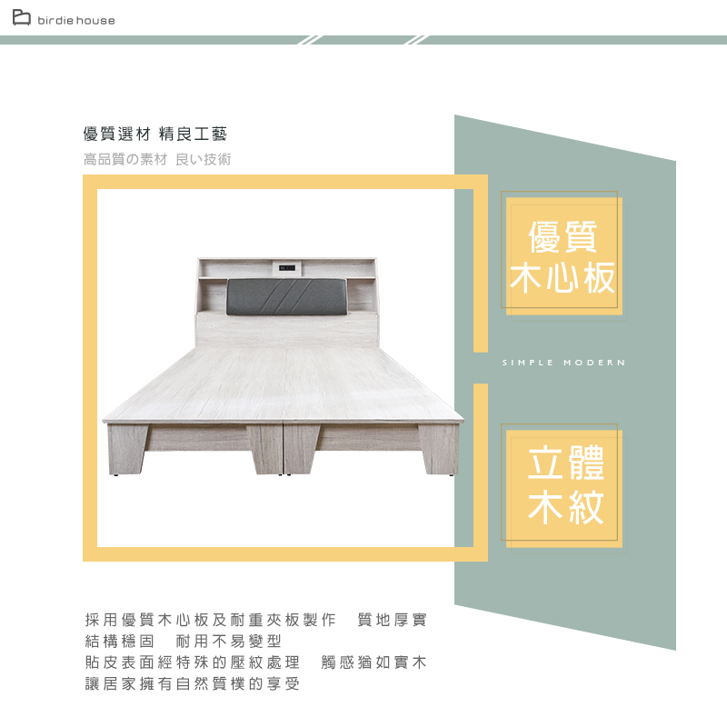 柏蒂家居 泰特5尺雙人床組(附USB插座收納型床頭箱+床底-