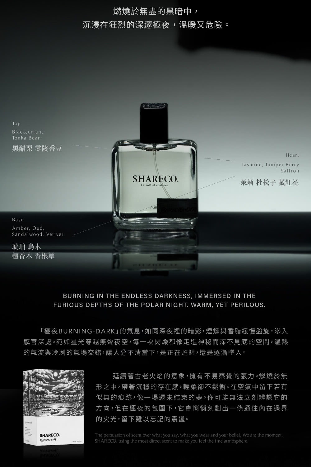 極夜BURNINGDARK的氣息,如同深夜裡的暗影,煙燻與香脂緩慢盤旋,滲入