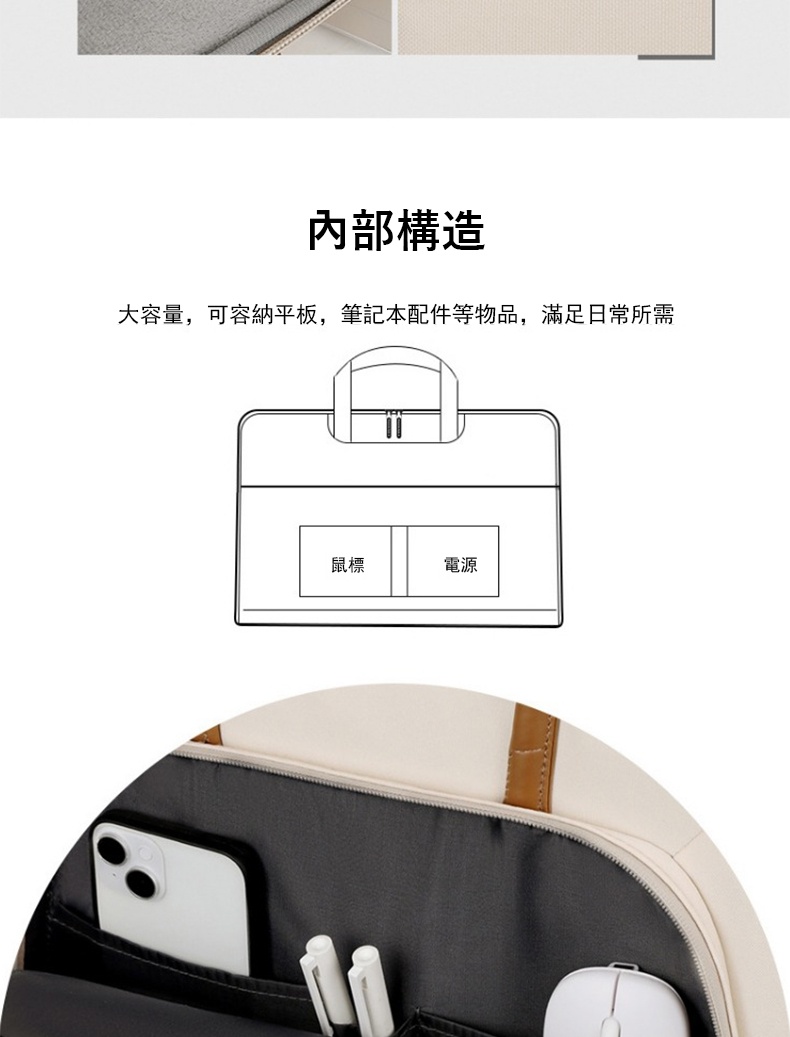 內部構造 大容量,可容納平板,筆記本配件等物品,滿足日常所需 鼠標 電源 