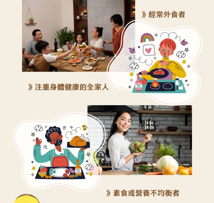 注重身體健康的全家人 經常外食者 素食或營養不均衡者 