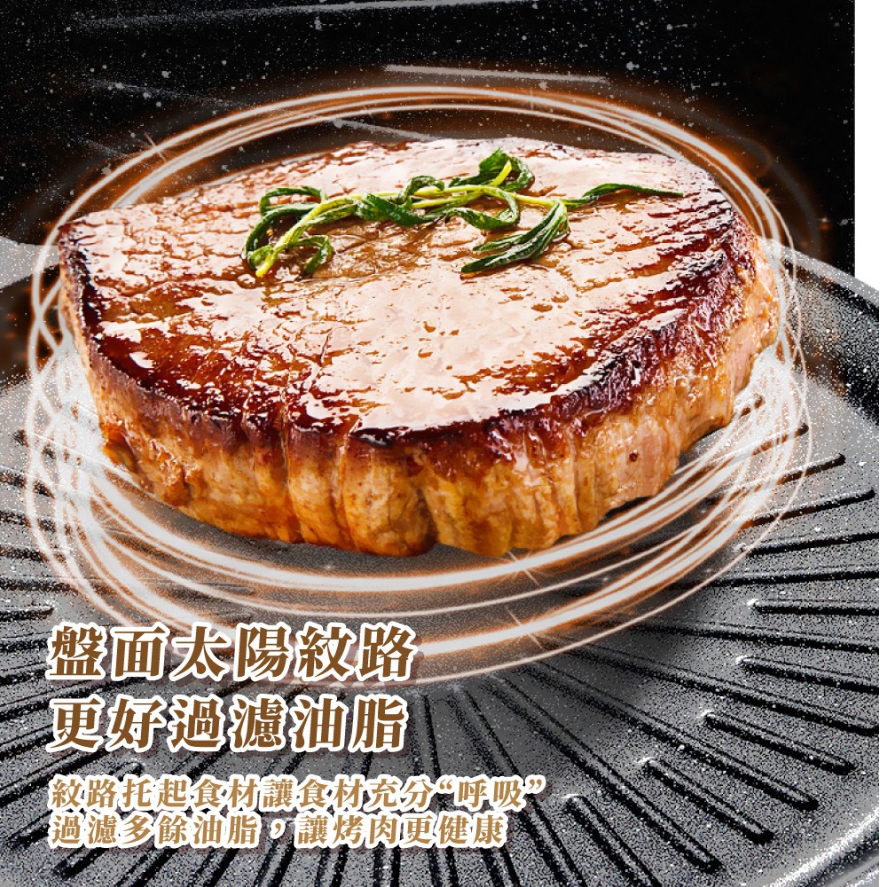 盤面太陽紋路 更好池池油脂 紋路托起食材讓食材充分呼吸 過濾多餘油脂,讓烤肉更健康 