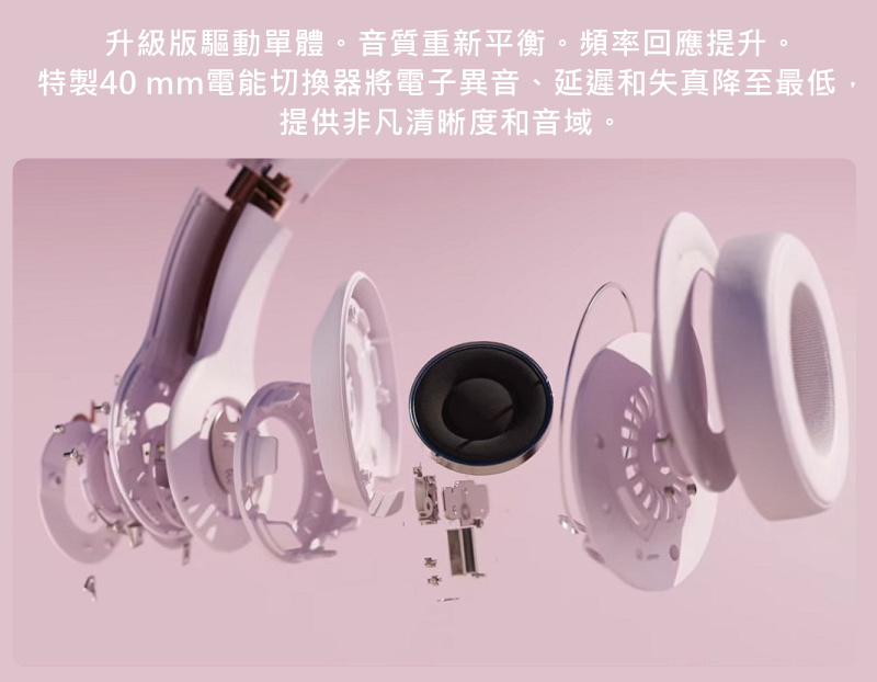 升級版驅動單體。音質重新平衡。頻率回應提升。 特製40 mm電能切換器將電子異音、延遲和失真降至最低, 提供非凡清晰度和音域。 