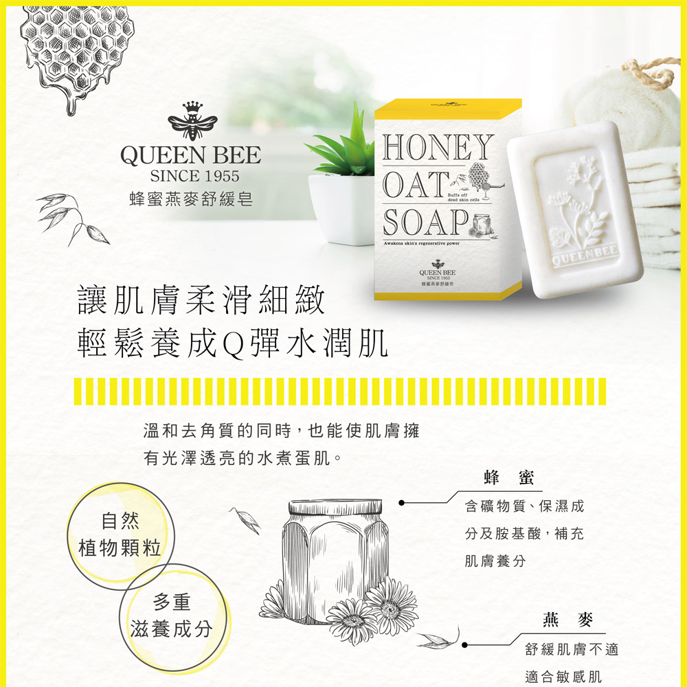 QUEEN SINCE 1955蜂蜜燕麥舒緩皂讓肌膚柔滑細緻輕鬆養成Q彈水潤肌HONEYOAT  SOAPAwakens skins regenerative QUEEN BEEQUEENBEESINCE 1955自然溫和去角質的同時,也能使肌膚擁有光澤透亮的水煮蛋肌。植物顆粒蜂蜜含礦物質、保濕成分及胺基酸,補充肌膚養分多重滋養成分燕麥舒緩肌膚不適適合敏感肌