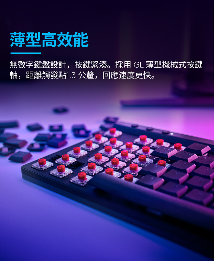 薄型高效能 無數字鍵盤設計,按鍵緊湊。採用 GL 薄型機械式按鍵 軸,距離觸發點1.3公釐,回應速度更快。 