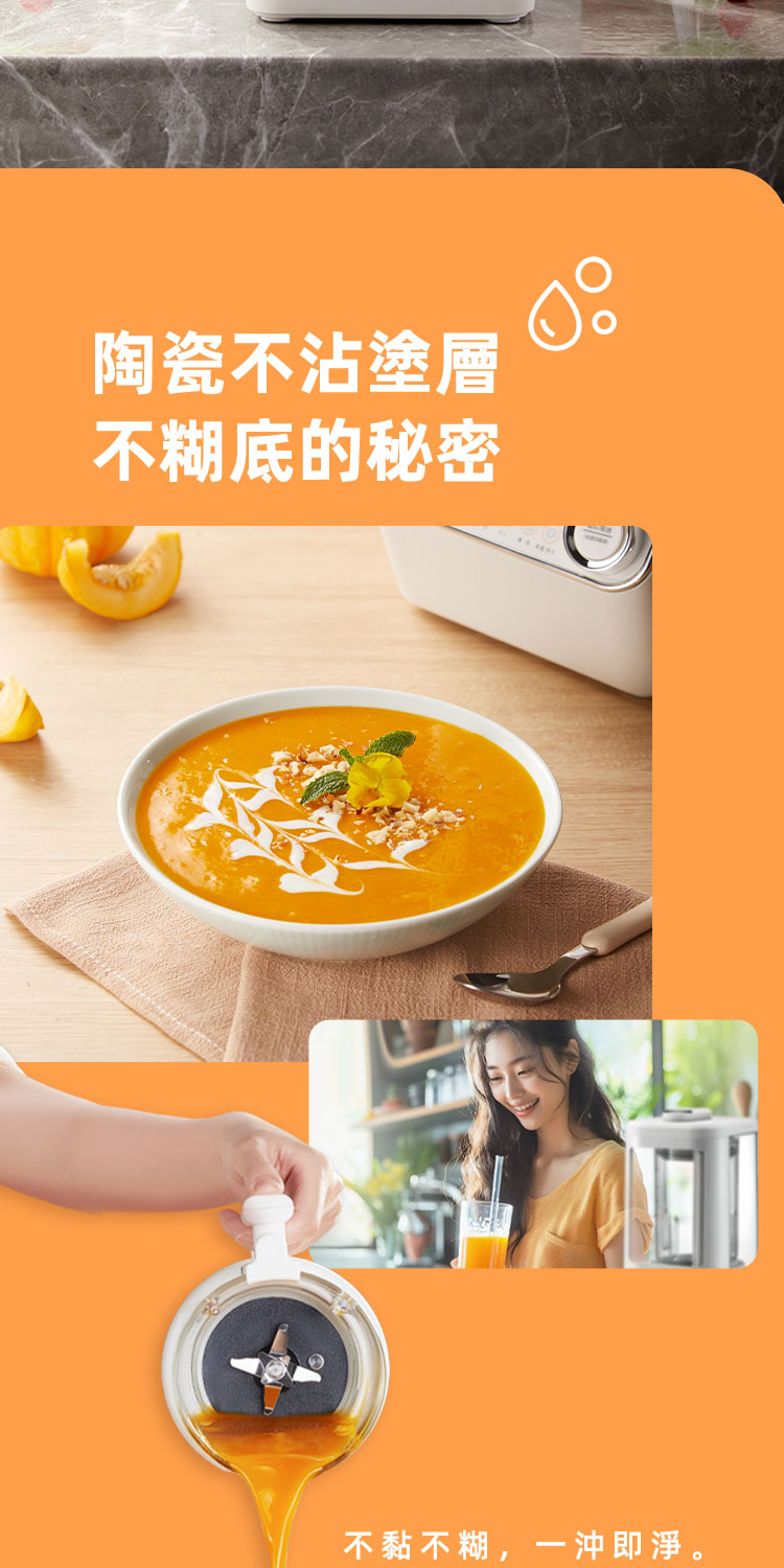 陶瓷不沾塗層 不糊底的秘密 不黏不糊,一沖即淨。 