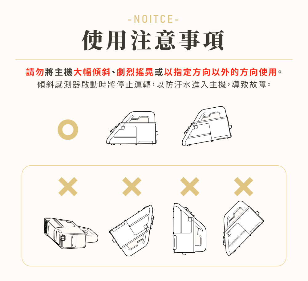使用注意事項 請勿將主機大幅傾斜、劇烈搖晃或以指定方向以外的方向使用。 傾斜感測器啟動時將停止運轉,以防汙水進入主機,導致故障。 