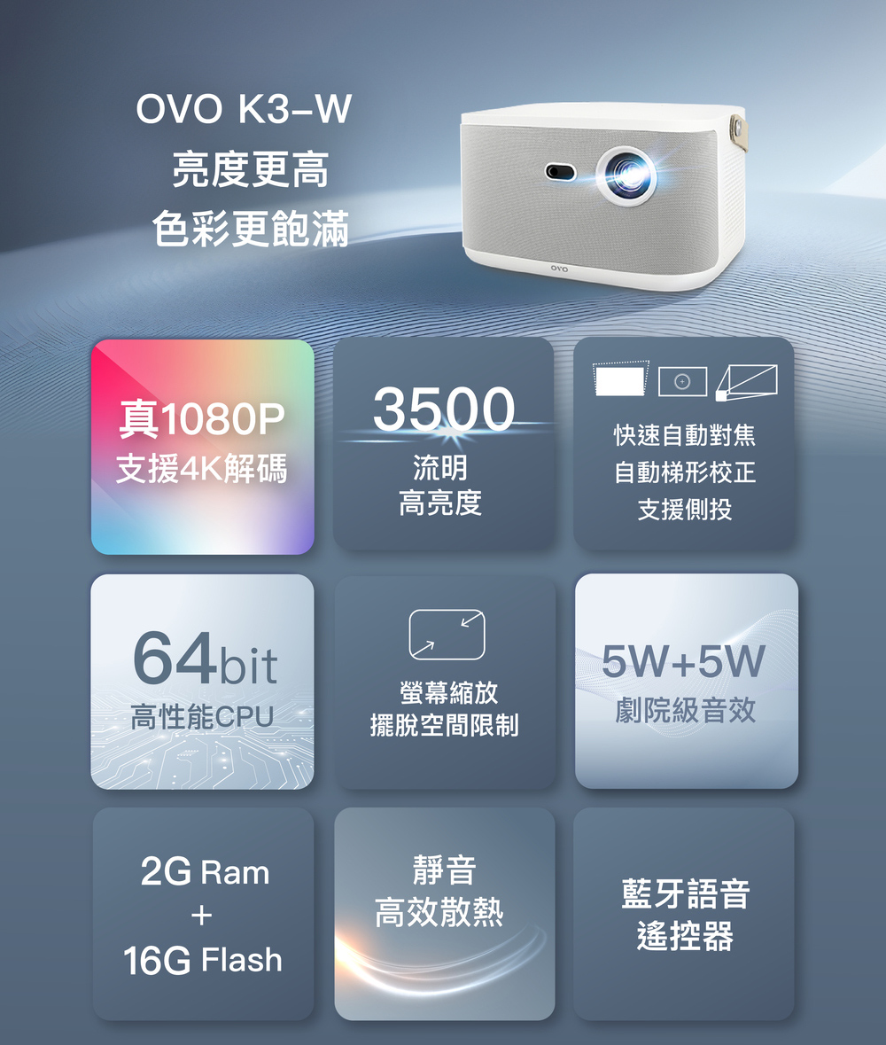 OVO 1080P百吋無框電視高畫質智慧投影機(K3-W 3