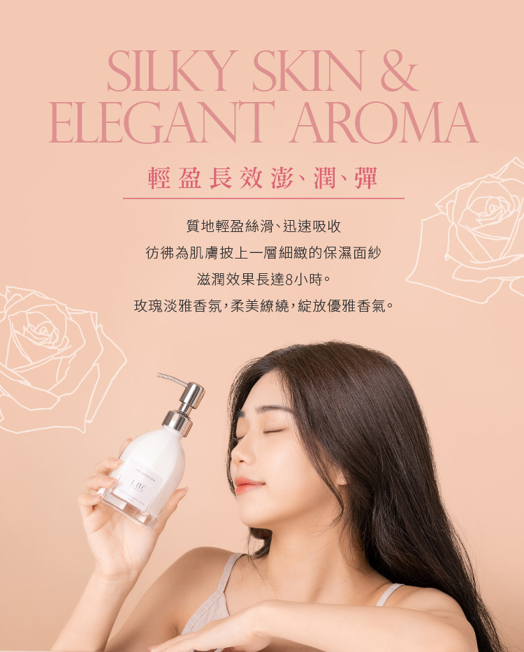 輕盈長效澎、潤、彈 質地輕盈絲滑、迅速吸收 彷彿為肌膚披上一層細緻的保濕面紗 滋潤效果長達8小時。 玫瑰淡雅香氛,柔美繚繞,綻放優雅香氣。 