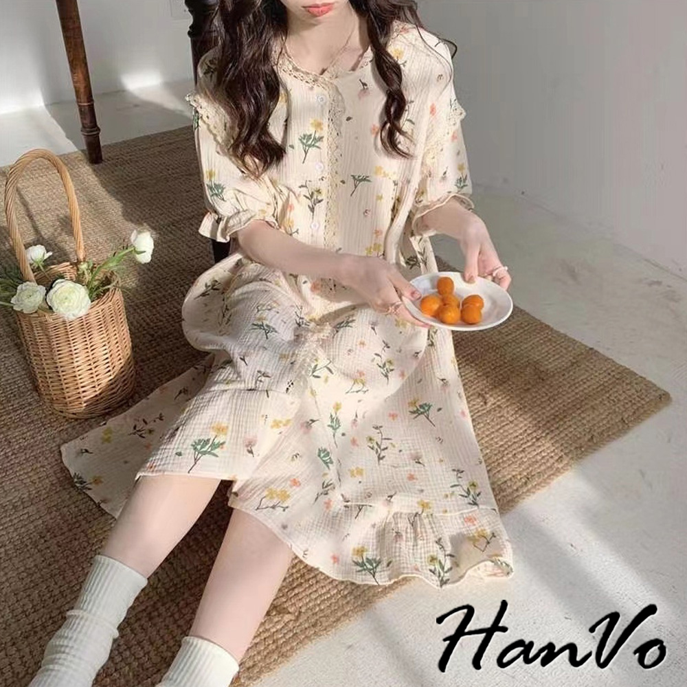 HanVo 現貨 甜美可愛滿版碎花居家裙(韓系泡泡棉居家服 