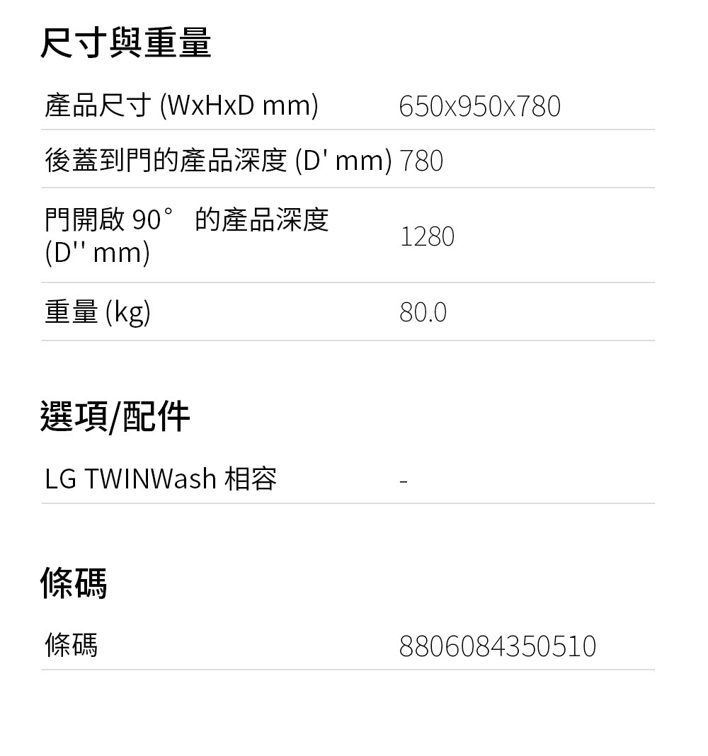 後蓋到門的產品深度Dmm 780