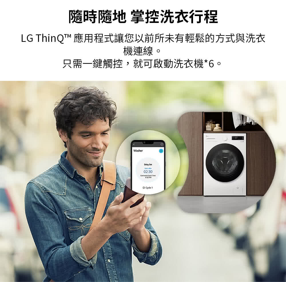 隨時隨地 掌控洗衣行程 LG ThinQ 應用程式讓您以前所未有輕鬆的方式與洗衣 機連線。 只需一鍵觸控,就可啟動洗衣機6。