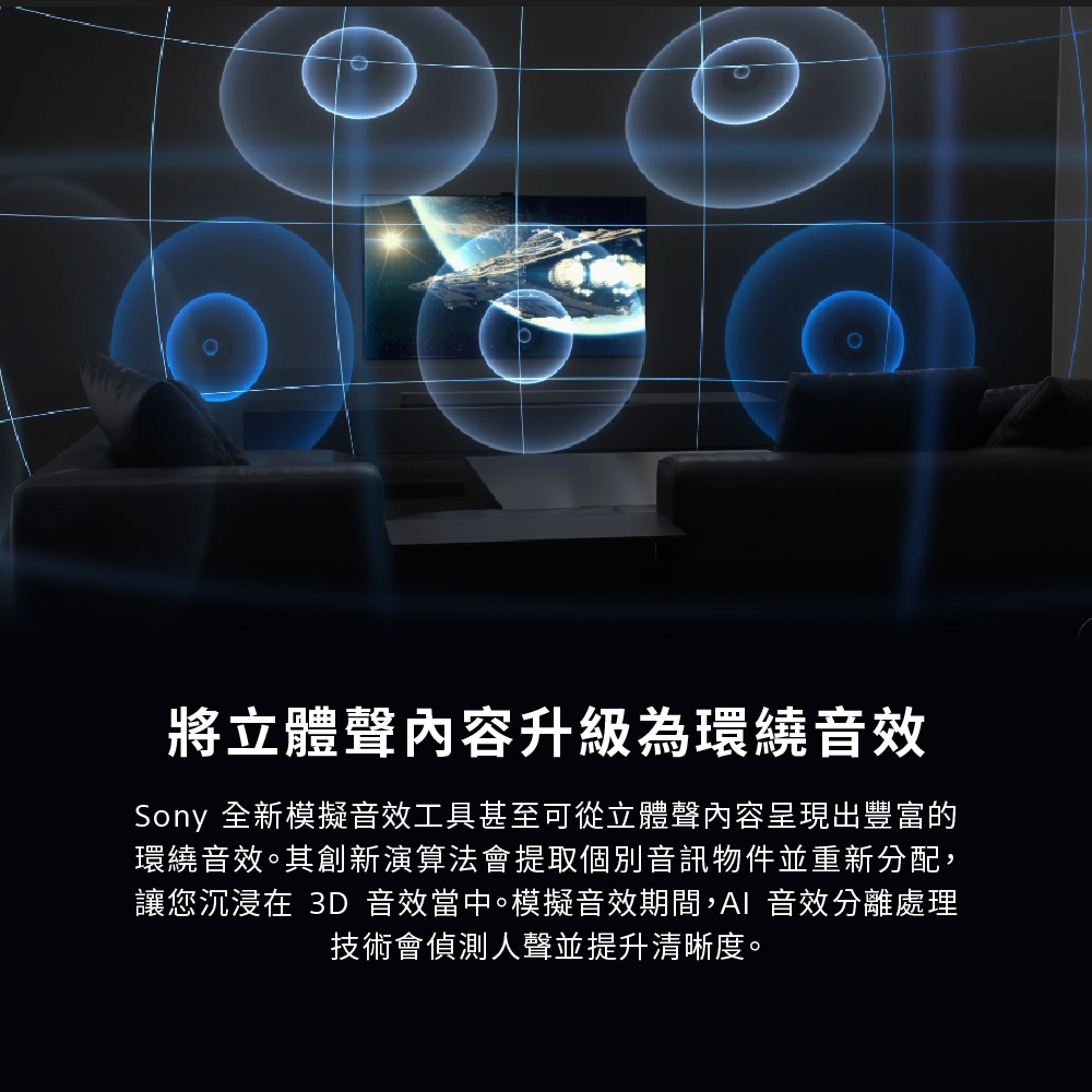 將立體聲內容升級為環繞音效 Sony 全新模擬音效工具甚至可從立體聲內容呈現出豐富的 環繞音效。其創新演算法會提取個別音訊物件並重新分配, 讓您沉浸在 3D 音效當中。模擬音效期間,AI 音效分離處理 技術會偵測人聲並提升清晰度。