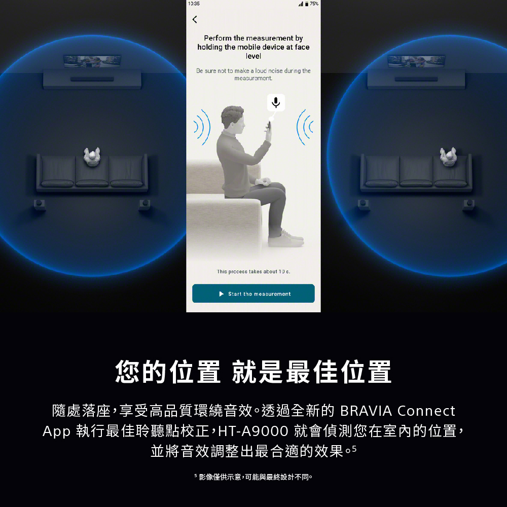 您的位置 就是最佳位置 隨處落座,享受高品質環繞音效。透過全新的 BRAVIA Connect App 執行最佳聆聽點校正,HTA9000 就會偵測您在室內的位置, 並將音效調整出最合適的效果。5 5 影像僅供示意,可能與最終設計不同。