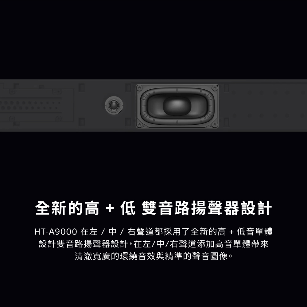 全新的高低 雙音路揚聲器設計 HTA9000 在左中右聲道都採用了全新的高低音單體 設計雙音路揚聲器設計,在左中右聲道添加高音單體帶來 清澈寬廣的環繞音效與精準的聲音圖像。