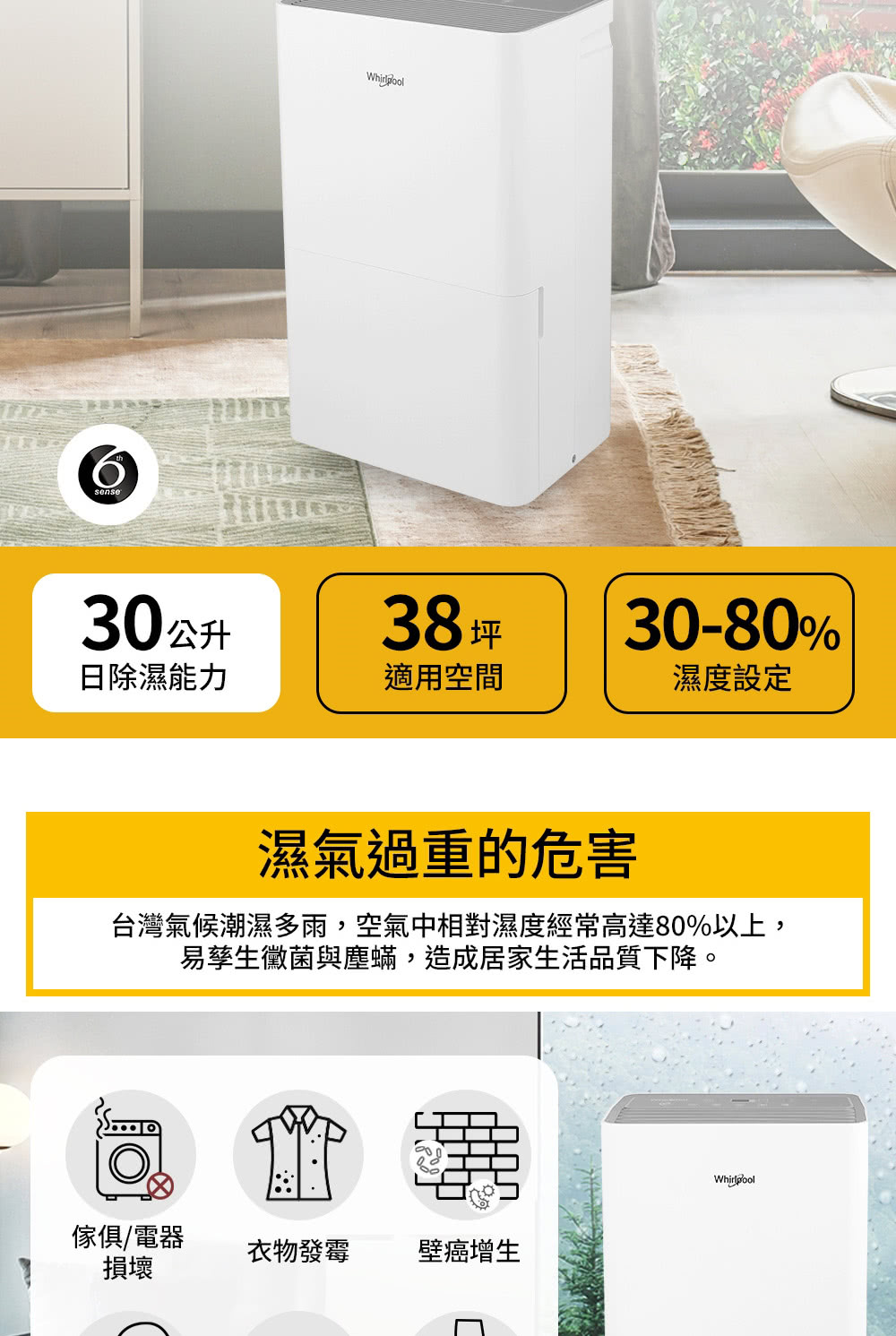 Whirlpool 惠而浦 高效節能除濕型30公升第六感智能