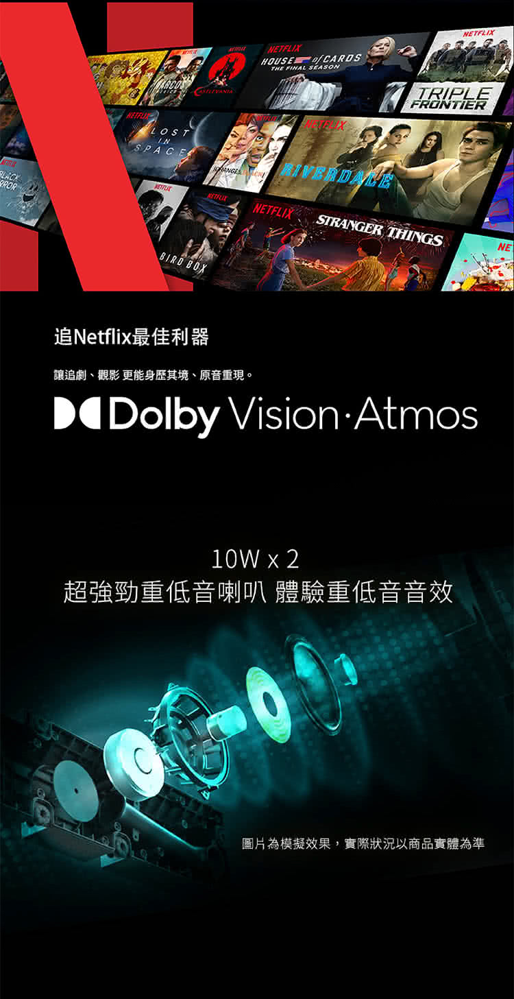 追Netflix最佳利器 讓追劇、觀影 更能身歷其境、原音重現。 超強勁重低音喇叭 體驗重低音音效 圖片為模擬效果,實際狀況以商品實體為準 