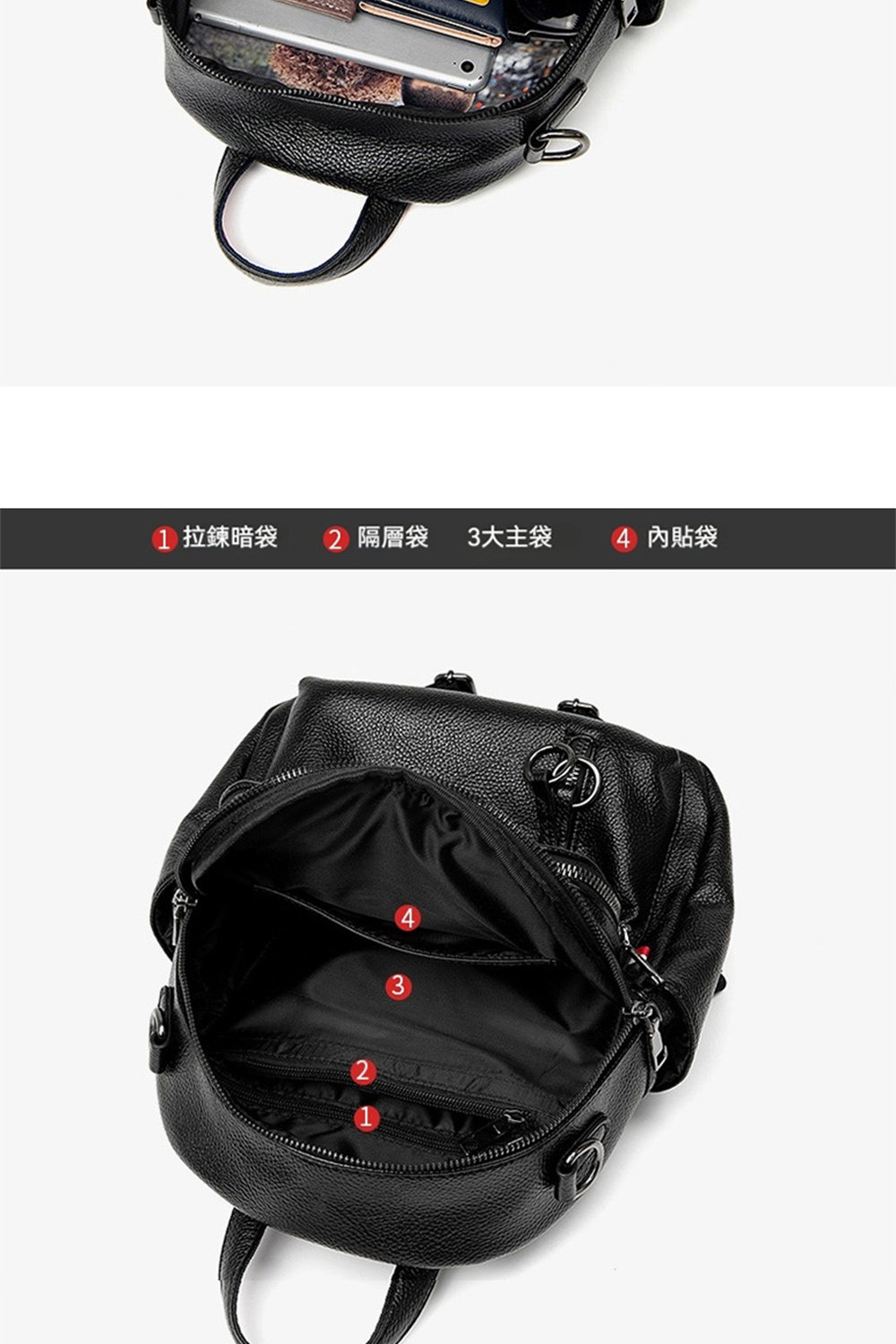 1 拉鍊暗袋 2 隔層袋 3大主袋 4 內貼袋 