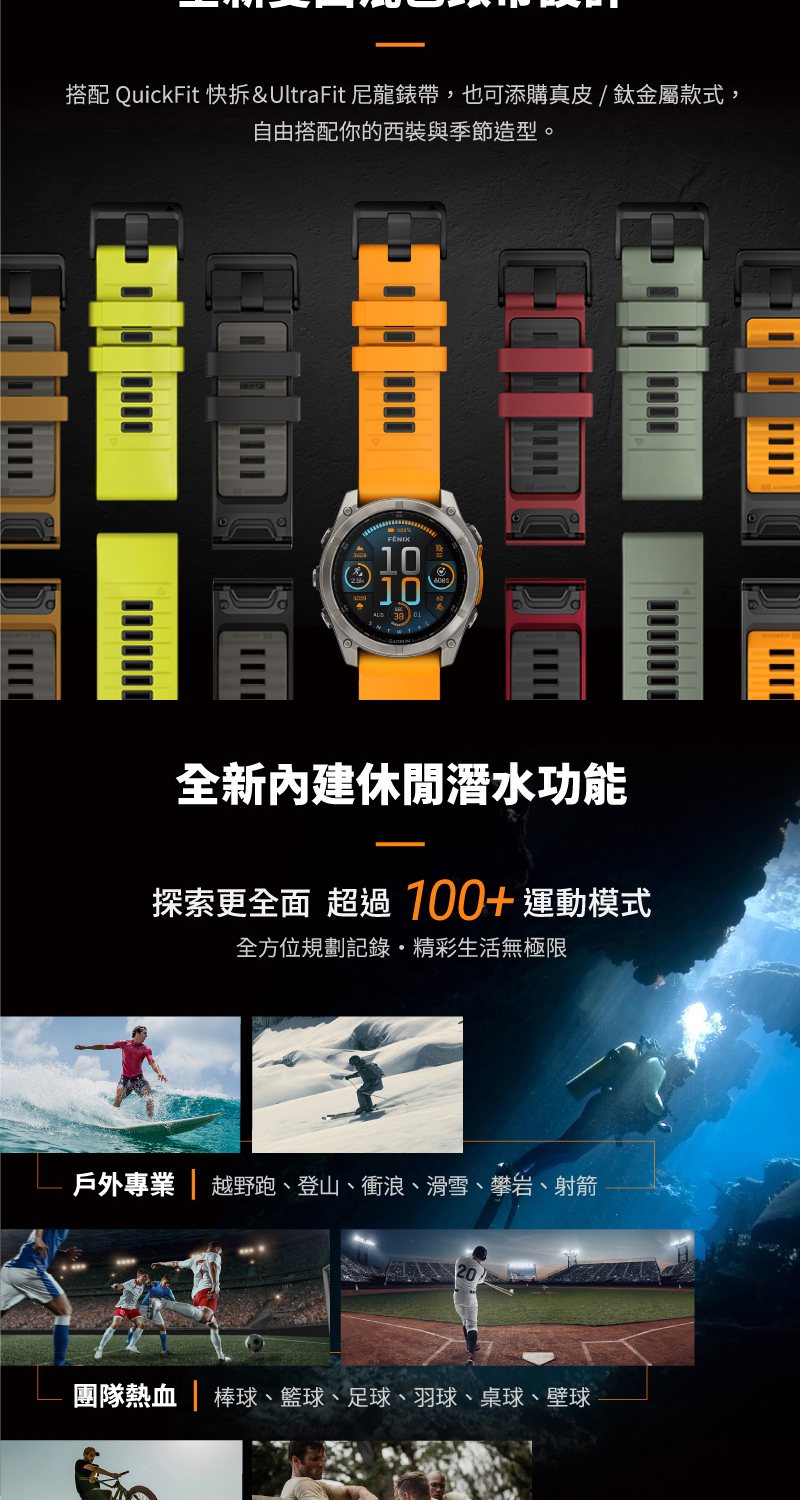 搭配 QuickFit 快拆UltraFit 尼龍錶帶,也可添購真皮  鈦金屬款式,