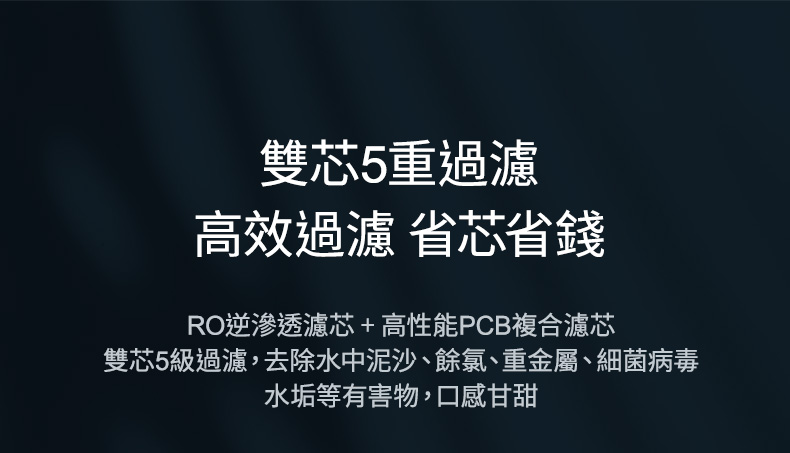 雙芯5重過濾 高效過濾 省芯省錢 RO逆滲透濾芯高性能PCB複合濾芯 雙芯5級過濾,去除水中泥沙、餘氯、重金屬、細菌病毒 水垢等有害物,口感甘甜 