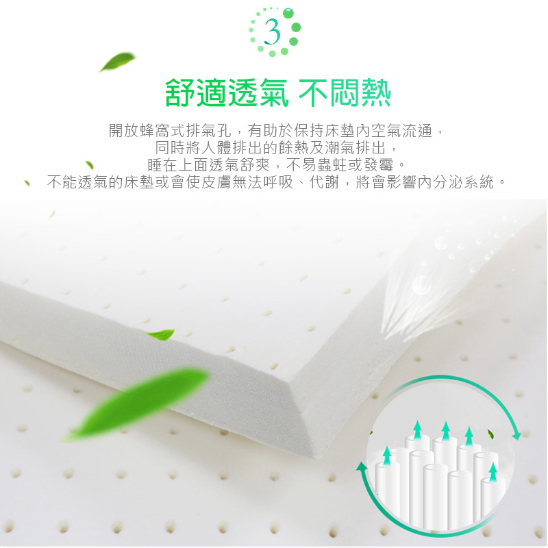 舒適透氣 不悶熱 開放蜂窩式排氣孔,有助於保持床墊內空氣流通, 同時將人體排出的餘熱及潮氣排出, 睡在上面透氣舒爽,不易蟲蛀或發霉 不能透氣的床墊或會使皮膚無法呼吸、代謝,將會影響內分泌系統。 