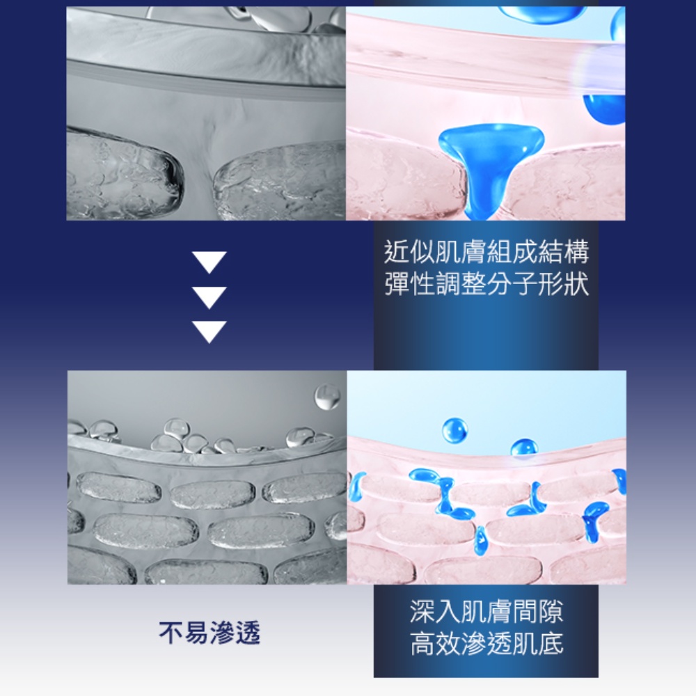 近似肌膚組成結構 彈性調整分子形狀 深入肌膚間隙 不易滲透 高效滲透肌底 