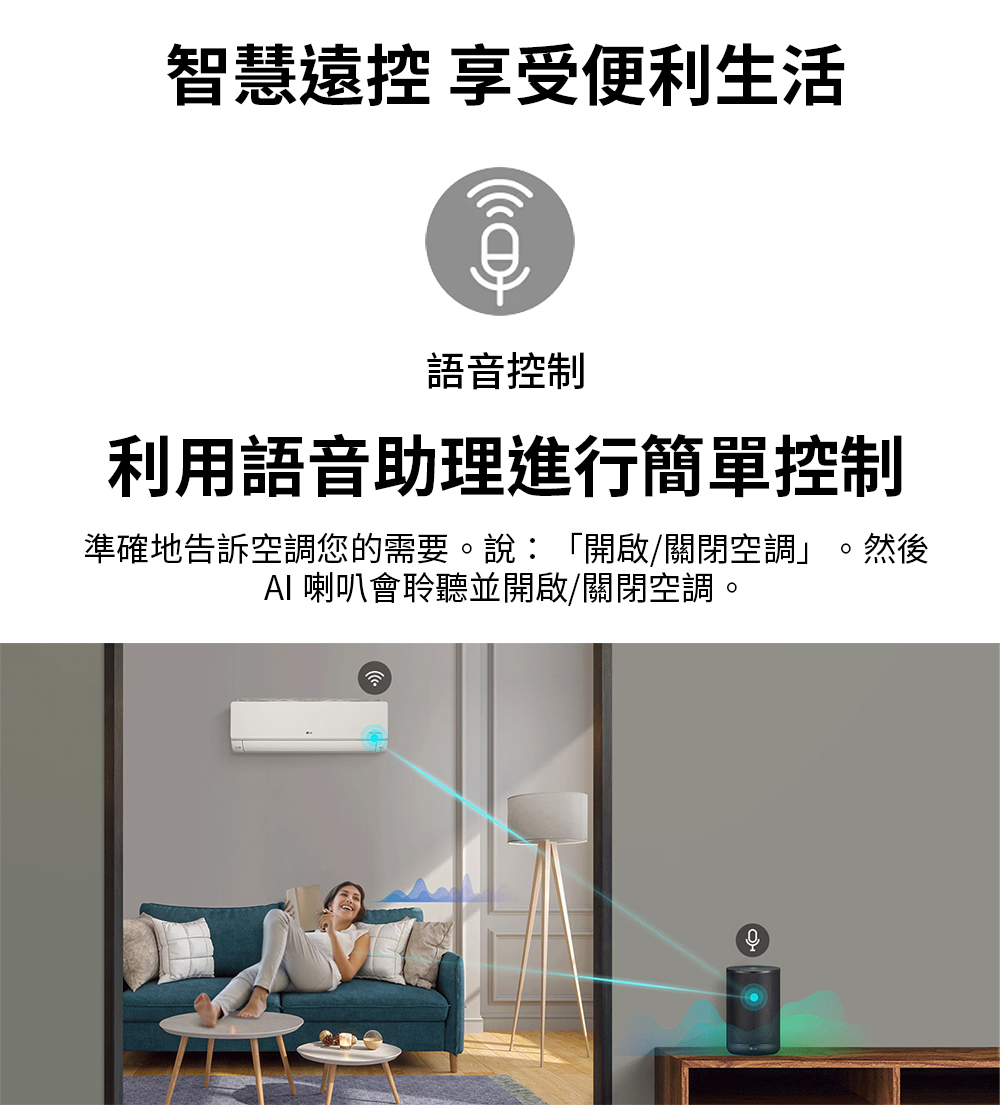 智慧遠控享受便利生活 語音控制 利用語音助理進行簡單控制 準確地告訴空調您的需要。說開啟關閉空調。然後 AI 喇叭會聆聽並開啟關閉空調。