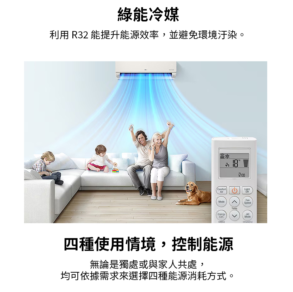綠能冷媒 利用 R32 能提升能源效率,並避免環境汙染。 四種使用情境,控制能源 無論是獨處或與家人共處, 均可依據需求來選擇四種能源消耗方式。