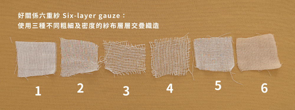 使用三種不同粗細及密度的紗布層層交疊織造 