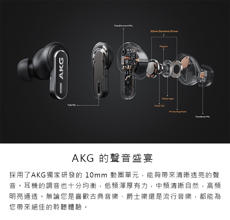 AKG 的聲音盛宴 採用了AKG獨家研發的 10mm 動圈單元,能夠帶來清晰透亮的聲 音。耳機的調音也十分均衡,低頻渾厚有力,中頻清晰自然,高頻 明亮通透。無論您是喜歡古典音樂、爵士樂還是流行音樂,都能為 您帶來絕佳的聆聽體驗。 