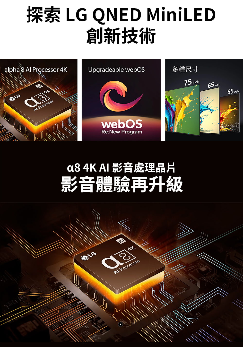 探索 LG QNED MiniLED 創新技術 多種尺寸 a8 4K Al 影音處理晶片 影音體驗再升級